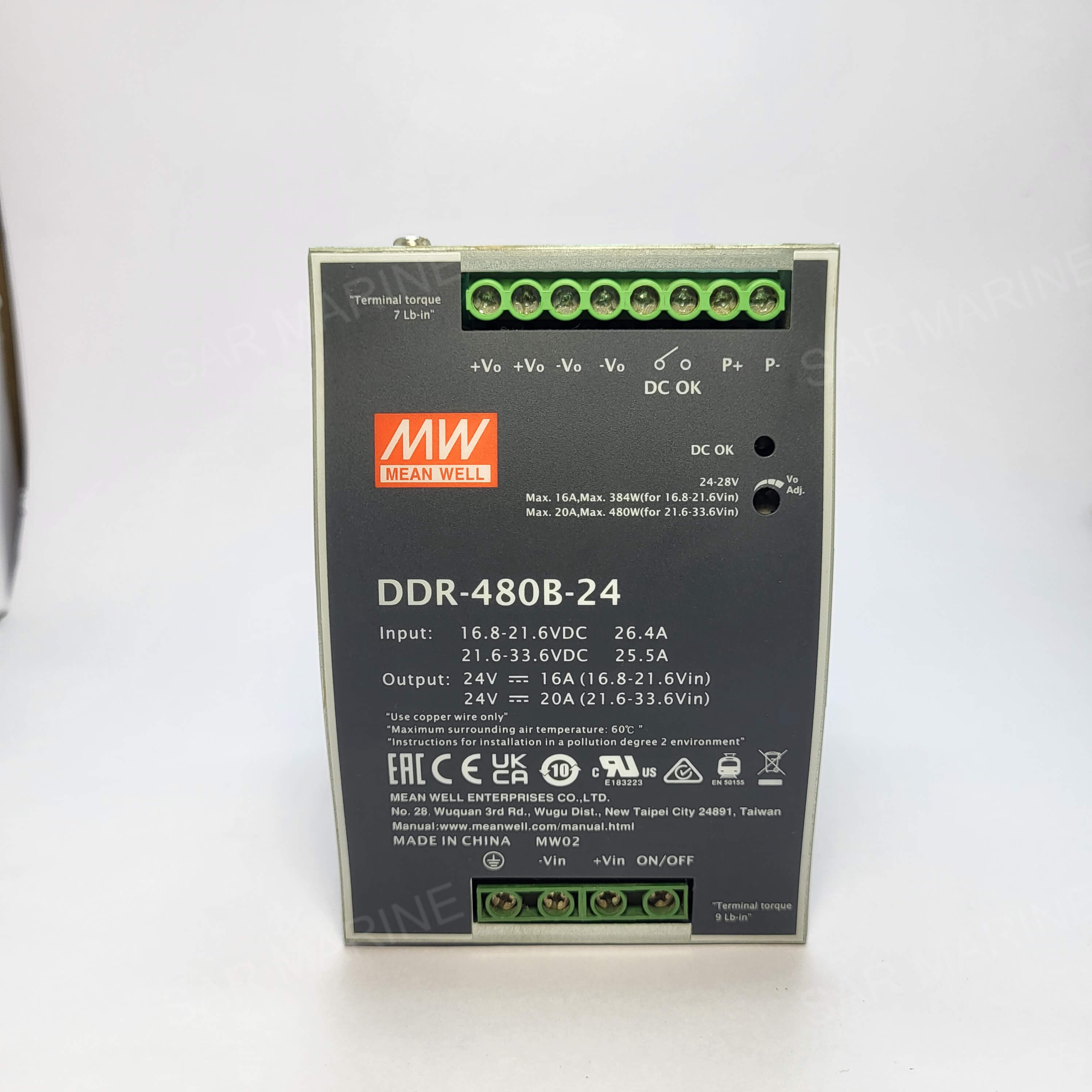 Mean Well DDR-480B-24 DIN Rail Power Supply Module 24VDC 20A